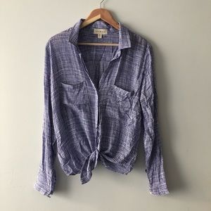 Blue and white plaid long sleeve blouse